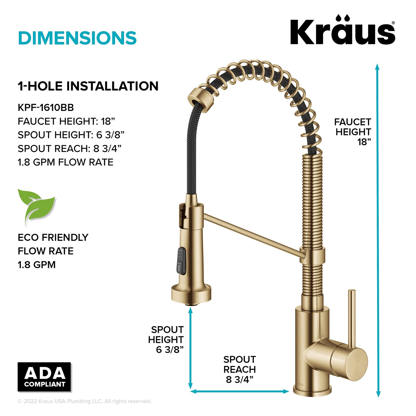 KRAUS Bolden Commercial Style 2-Function Single Handle Pull Down Kitchen Faucet in Spot-Free Brushed Brass, KPF-1610BB