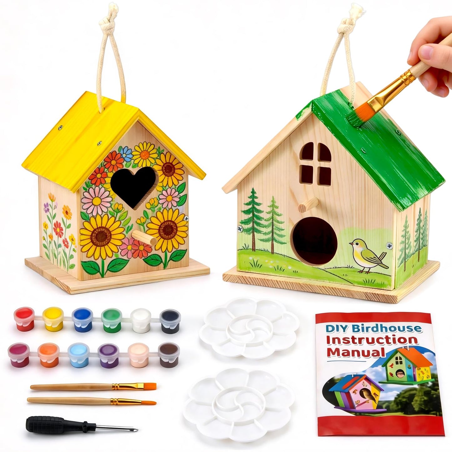 AluAbi 2 Pack DIY Bird House Kit, Thickened Wooden Birdhouse Crafts for Kids with Paints Brushes Screwdriver, DIY Arts and Crafts for Children, DIY Birdhouse Set for Halloween Christmas Birthday
