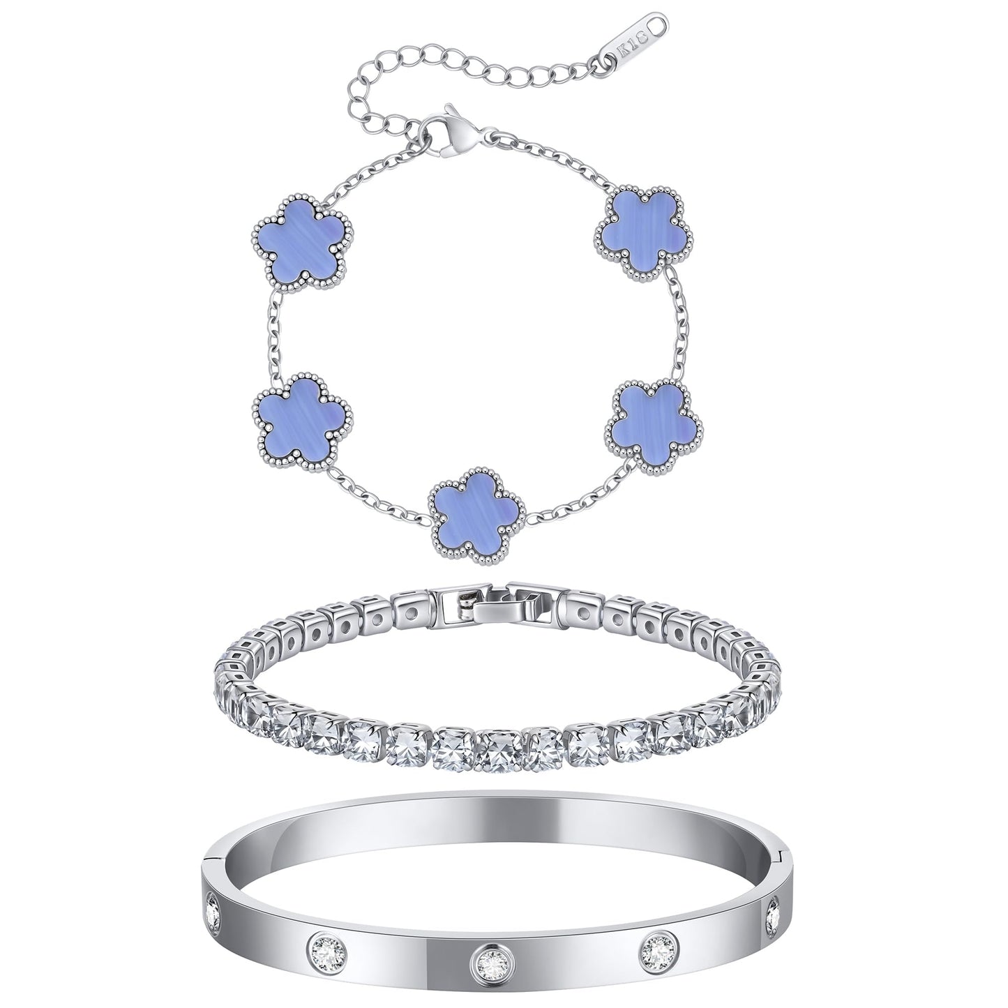 Womens Stackable Floral Silver Bracelets - 3Pcs Silver Sterling Bracelet,Stainless Steel Bangle Bracelets Non Tarnish, Stacked Bracelet Set Trendy Jewelry,Christmas Prom Birthday Gifts for Girlfriend