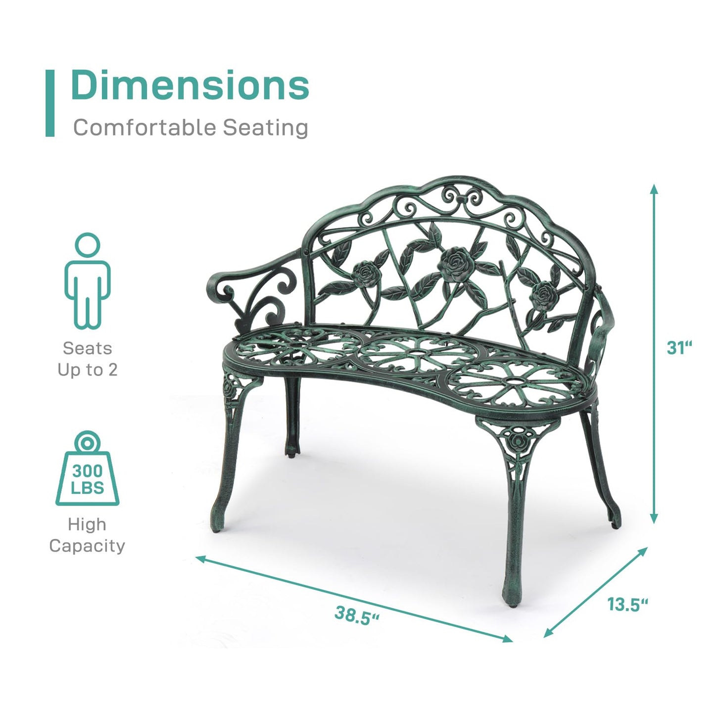 VINGLI 38.5" Patio Park Garden Outdoor Metal Rose Bench, 2-Person Cast Iron Cast Aluminium Frame Antique Finish Chair,Accented Lawn Front Porch Path Yard Decor Deck Furniture (Green, Rose)