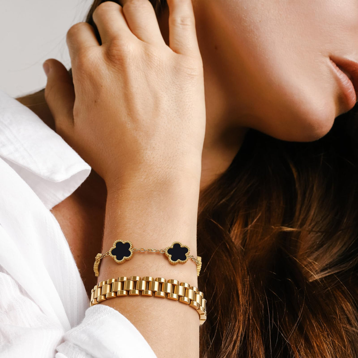 Stackable Gold Floral Bracelets Set - 3pcs 18K Gold Plated Bracelet Non-tarnish,Stainless Steel Link Chain Friendship Bracelet,Watch Band Trendy Jewelry,Christmas Valentines Birthday Gifts for Women