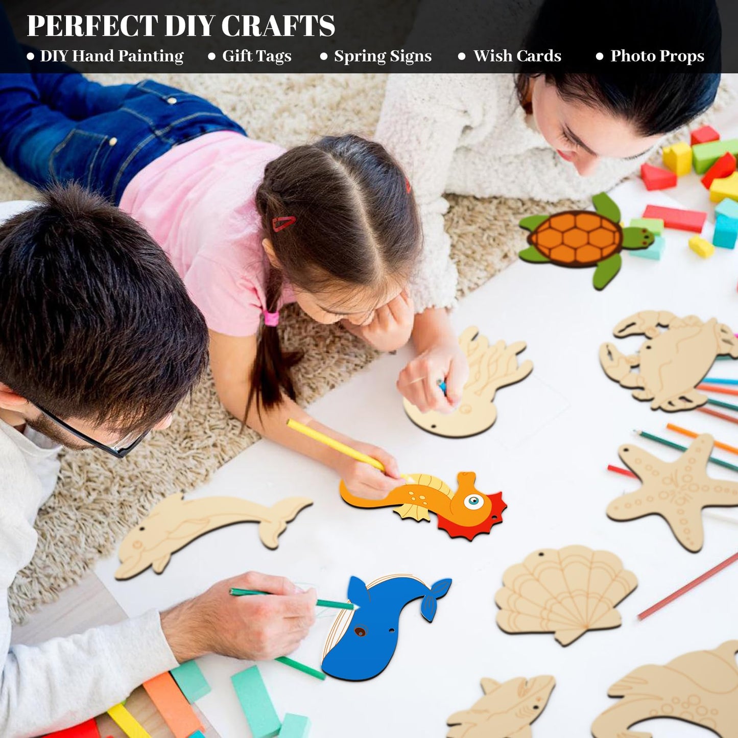 Subacy 80 PCS Unfinished Wood Cutouts 10 Styles DIY Wooden Ocean Ornaments, Wooden Art Craft Painting Kit for Kids, Birthday Easter Creativity Arts & Crafts, Sea Animal Shape