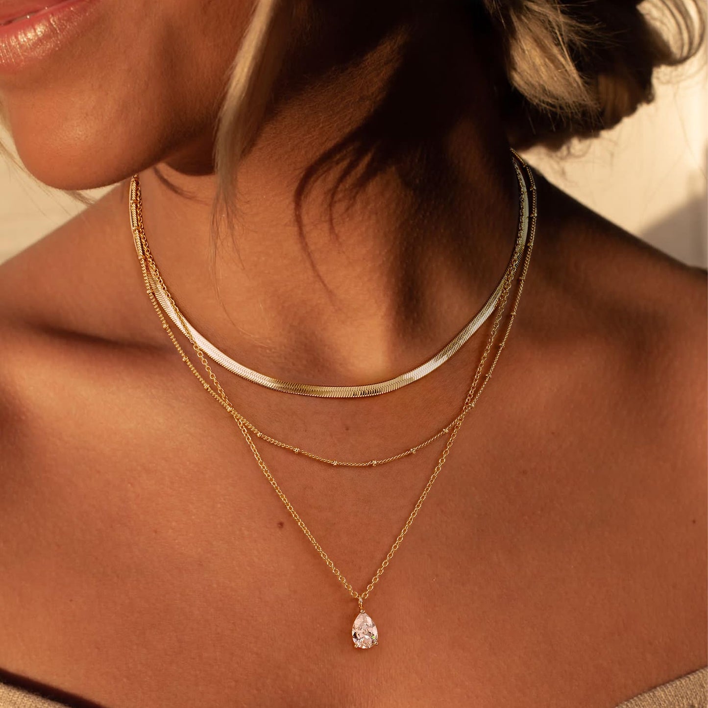 YOIHUR Layered Gold Necklaces for Women, 14K Gold Plated Beading Snake Chian Trendy Layering Water Drop Zircon Pendant Necklace Set Jewelry for Women