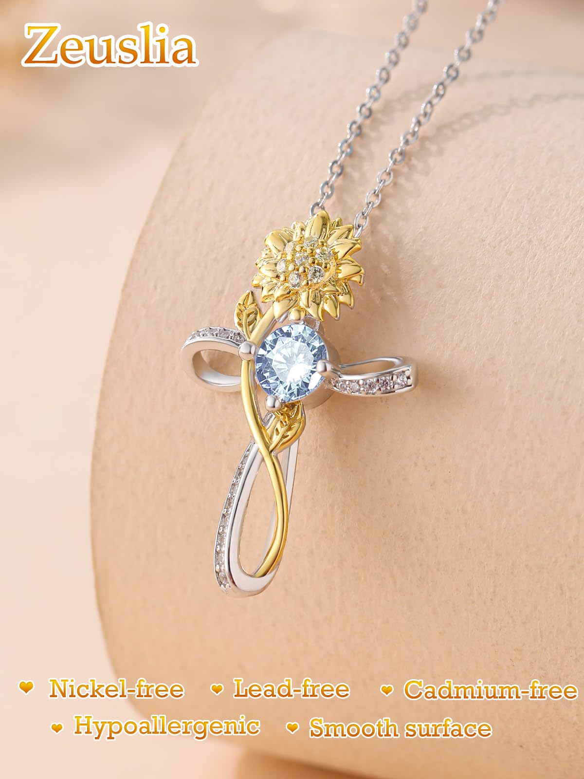 Cross Necklace for Women Sterling Silver Cross Pendant Jewelry with Sunflower Aquamarine March Birthstone Necklace Christian Religious Baptism First Communion Confirmation Birthday Gifts for Women