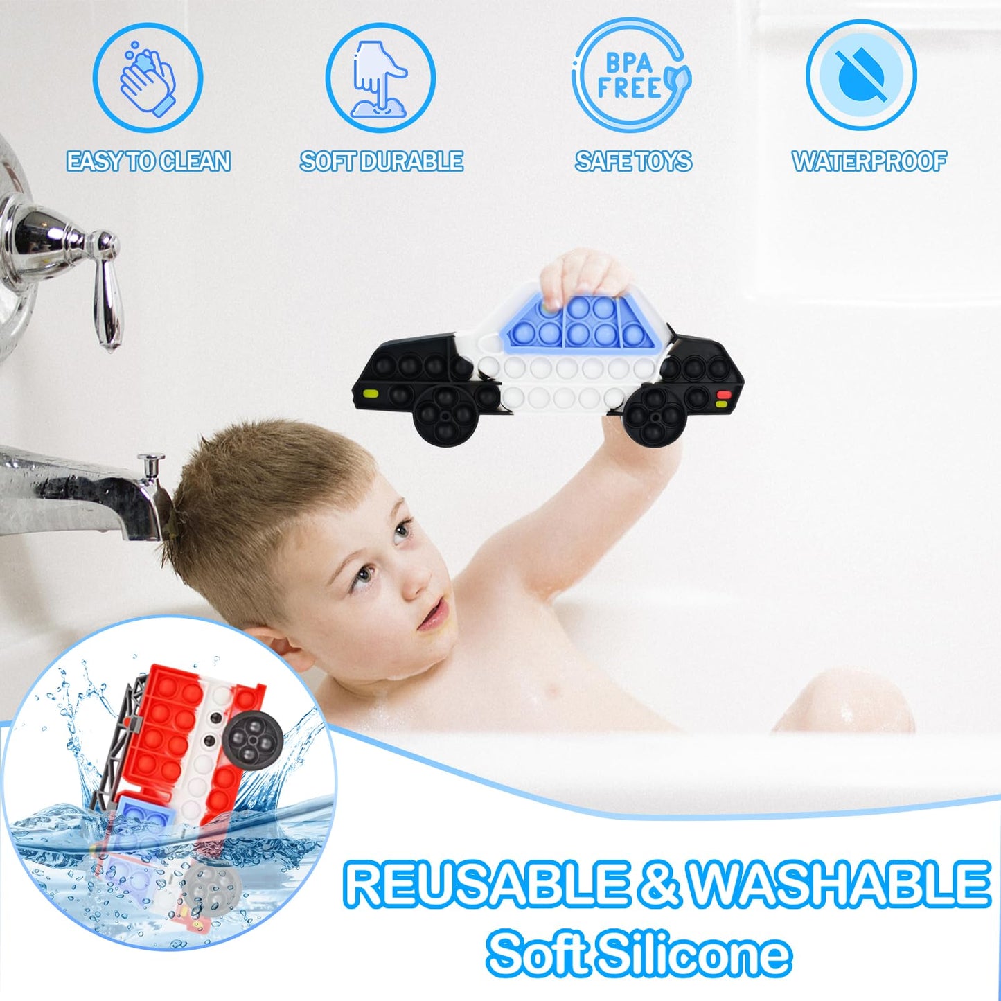 2 Packs Fidget Sensory Toys,Kids Boy Police Car Fire Truck Vehicle Toy,Detachable and Assembled Puzzle Fidgets,Stress Relief Autism Push Bubble Poppers,Travel Birthday Gifts for Toddlers Teens