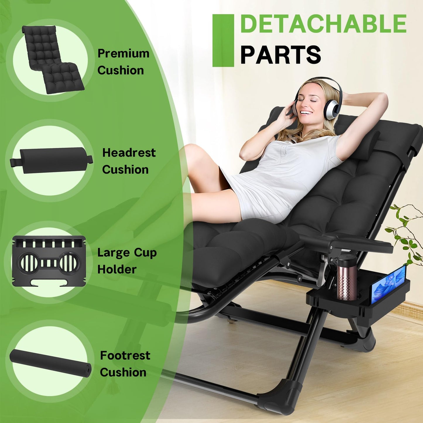 ZENPETIO 29In XL Zero Gravity Chair w/Cushion, Zero Gravity Recliner Lounge Chair for Indoor and Outdoor, Reclining Camping Chair for Lawn, Anti Gravity Chair with Cup Holder and Footrest, 440LBS