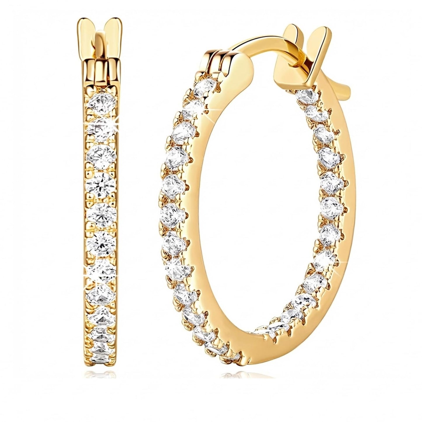Suiune 14K Yellow Gold Hoop Earrings for Women, Hypoallergenic Dual-Sided Cubic Zirconia Hinged Hoops Jewelry for Woman, 2mm x 30mm