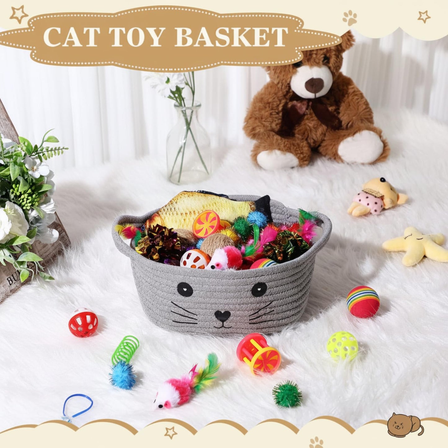 Zopeal 58 Pcs Mother’s Day Cat Storage Basket Gift Toys Set, Colorful Flashing Balls Pet Bell Crinkle Balls Spring Toys Attract Cat to Swat, Hunt, Interactive for Pet(Grey,9.8 Inch)