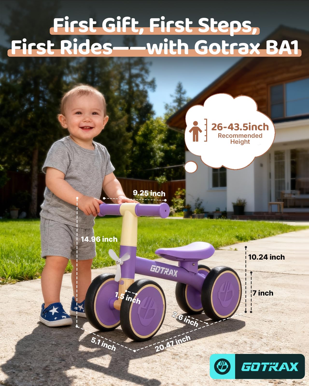 Gotrax Baby Balance Bike 1-2 Years, 7" Front&Rear Silent Wheels, Sturdy Steel Frame 66 lbs Load, Quick 2-Min Assembly, CPC Certified, Comfortable Soft Seat, Toddler Birthday Gift for Boys&Girls Purple