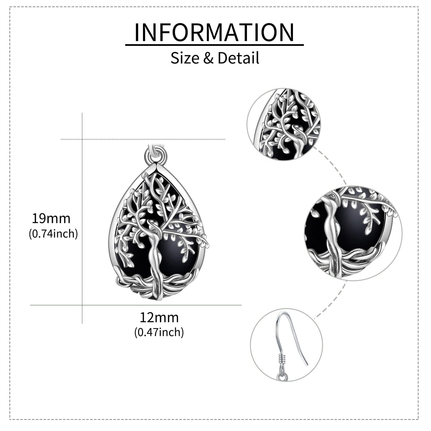ONEFINITY Tree of Life Earrings Sterling Silver Black Tourmaline Tree of Life Dangle Drop Earrings Teardrop Black Tourmaline Jewelry for Women
