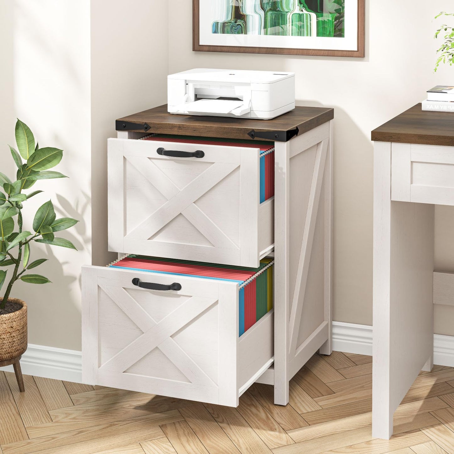 Halitaa 2 Drawer Small File Cabinet, Farmhouse Vertical Filing Cabinet Fits Letter and A4 Size, Under Desk Wooden File Cabinets for Home Office, Printer Stand, Rustic White