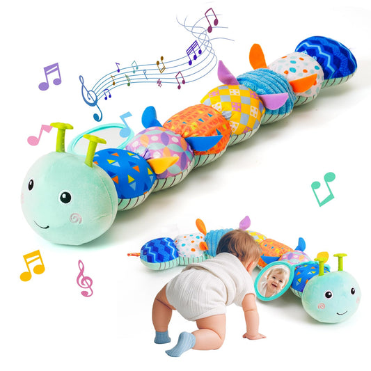 Baby Toys 0-6 Month, Musical Caterpillar Rattle, Infants Sensory Toy with Mirror Crinkle Textures, Newborn Developmental Tummy Time Stuffed Plush Animal toys for Babies Boys Girls 3-6-12 Months (Blue)