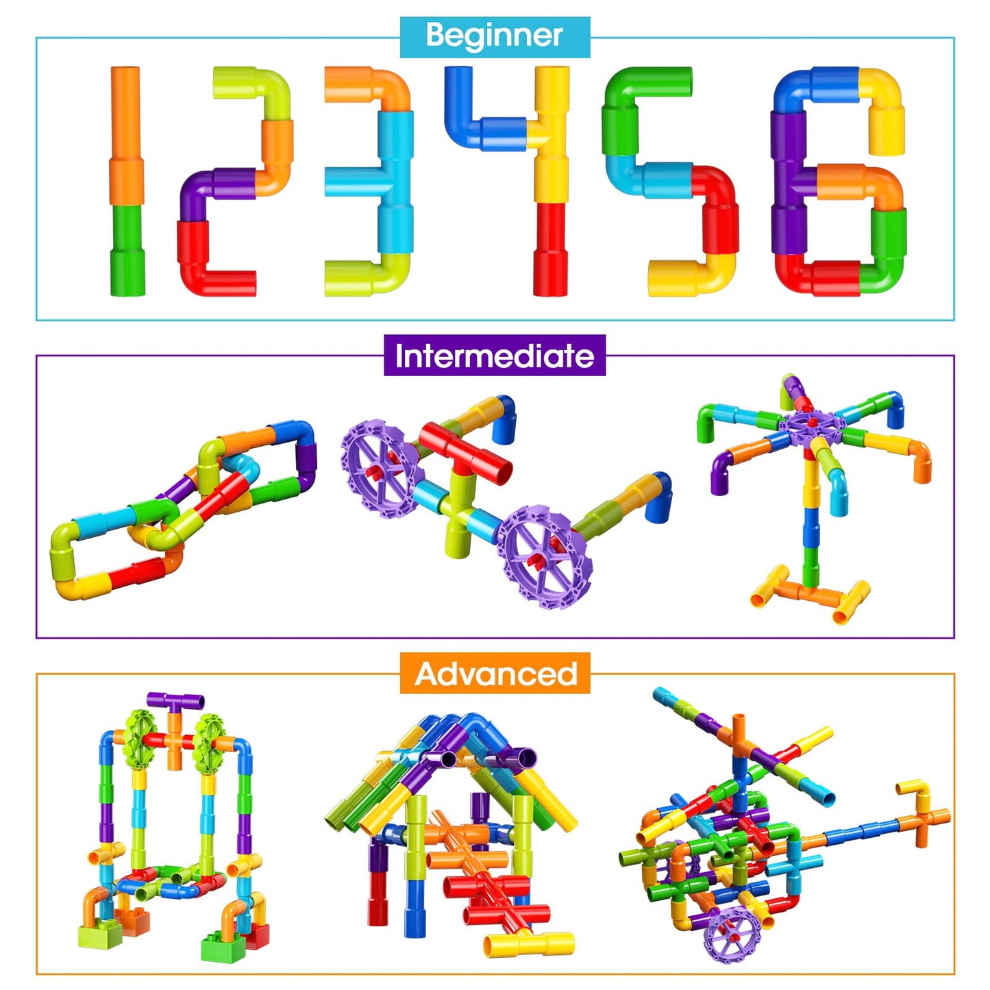 burgkidz STEM Learning Pipe Tube Construction Building Blocks, Sensory Toys with Wheels Baseplate for All Ages Kids Boys Girls, 188 Pcs
