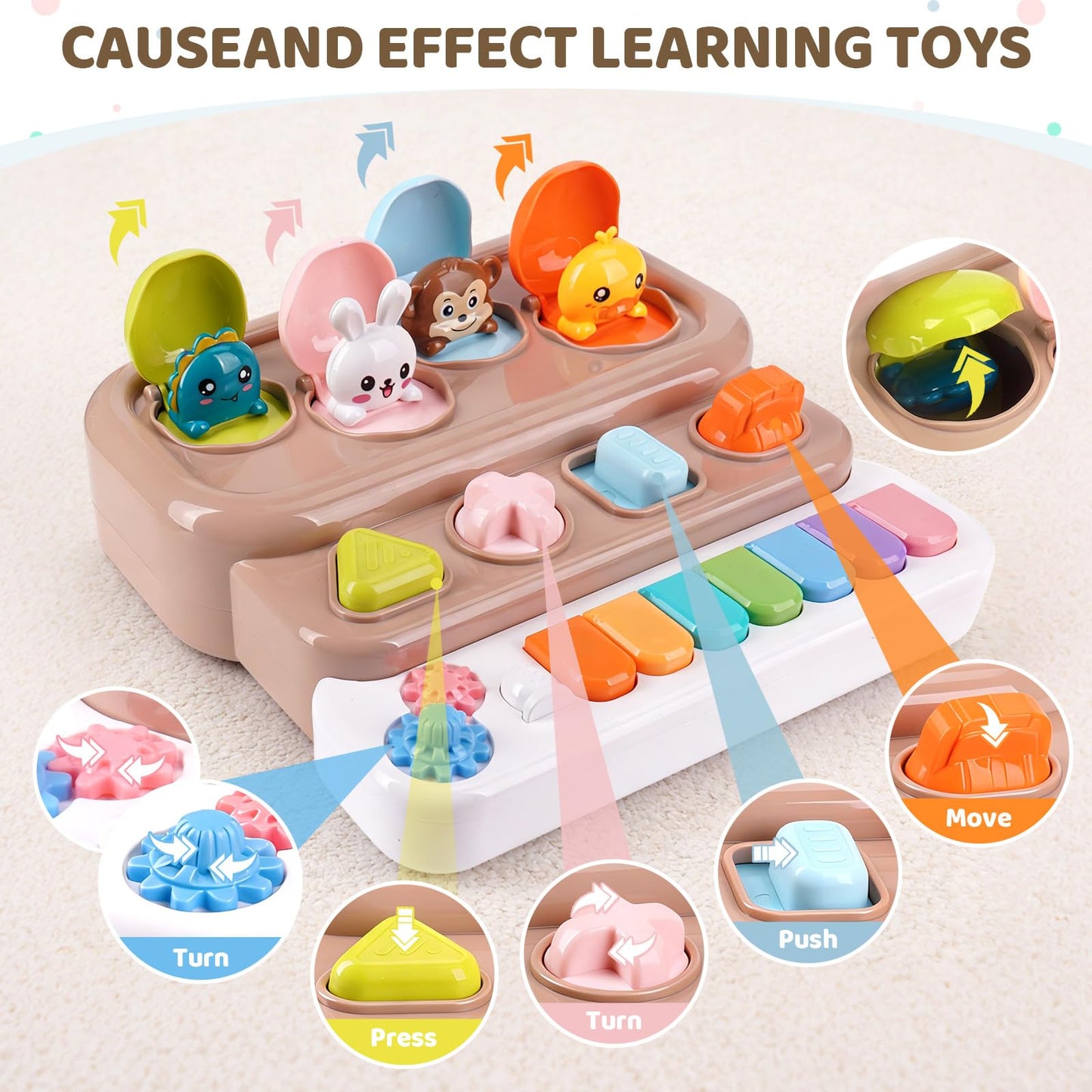 LESSETI Interactive Pop Up Toy with Piano Keyboard - Cause and Effect Animal Toy with Music and Light for Toddlers 1-3, STEM Learning Educational Baby Toys, Birthday Gifts for Boys Girls 6-12 Months