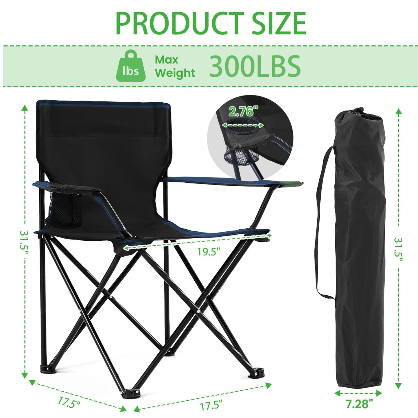 Canpsky 2 Pack Lightweight Folding Camping Chairs, Outdoor Lawn Beach Chair with Cup Holder & Carry Bag for Travel, Fishing, Picnic, Backyard, Hiking (Black, Medium)