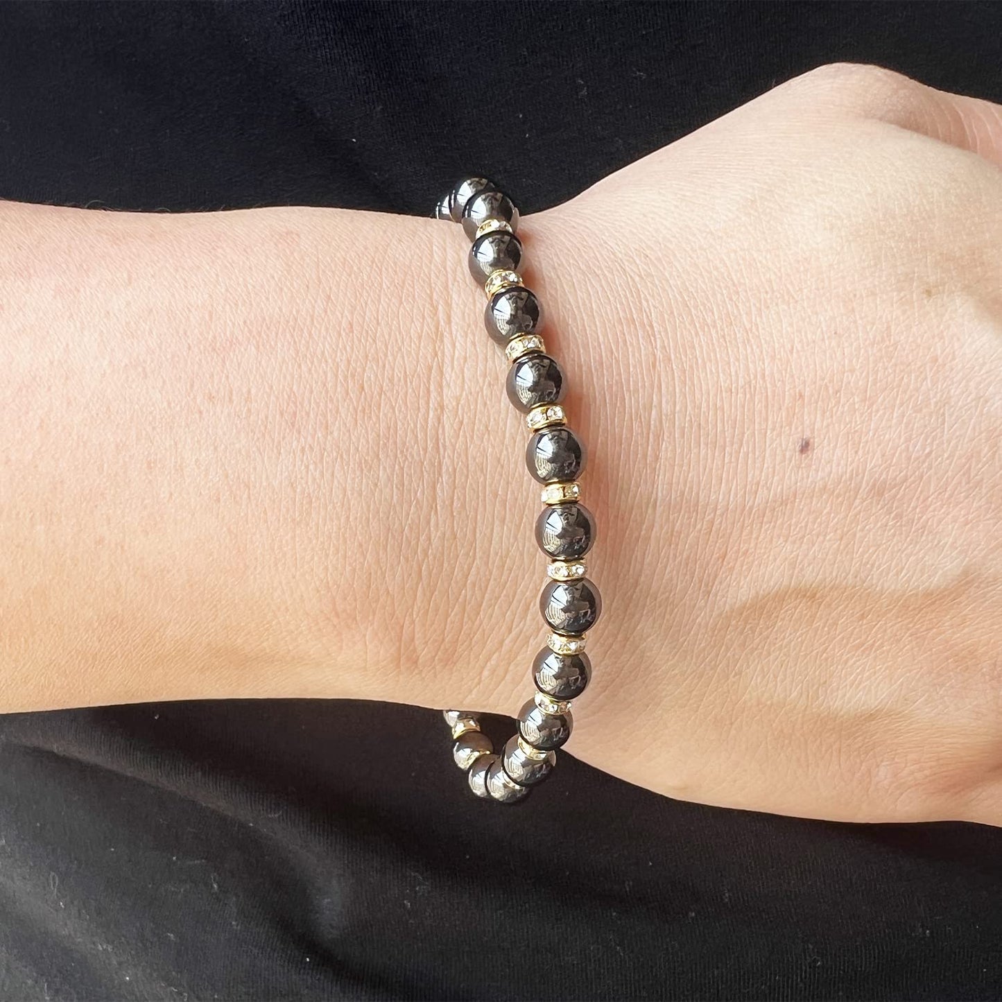 Apocalyptic-K Women's Magnetic Bracelet，Hematite Bracelets，Magnetic Bracelets With Zirconia,Handmade Stretch Bracelet，Eliminates static electricity. (Gold Zirconia,6MM)