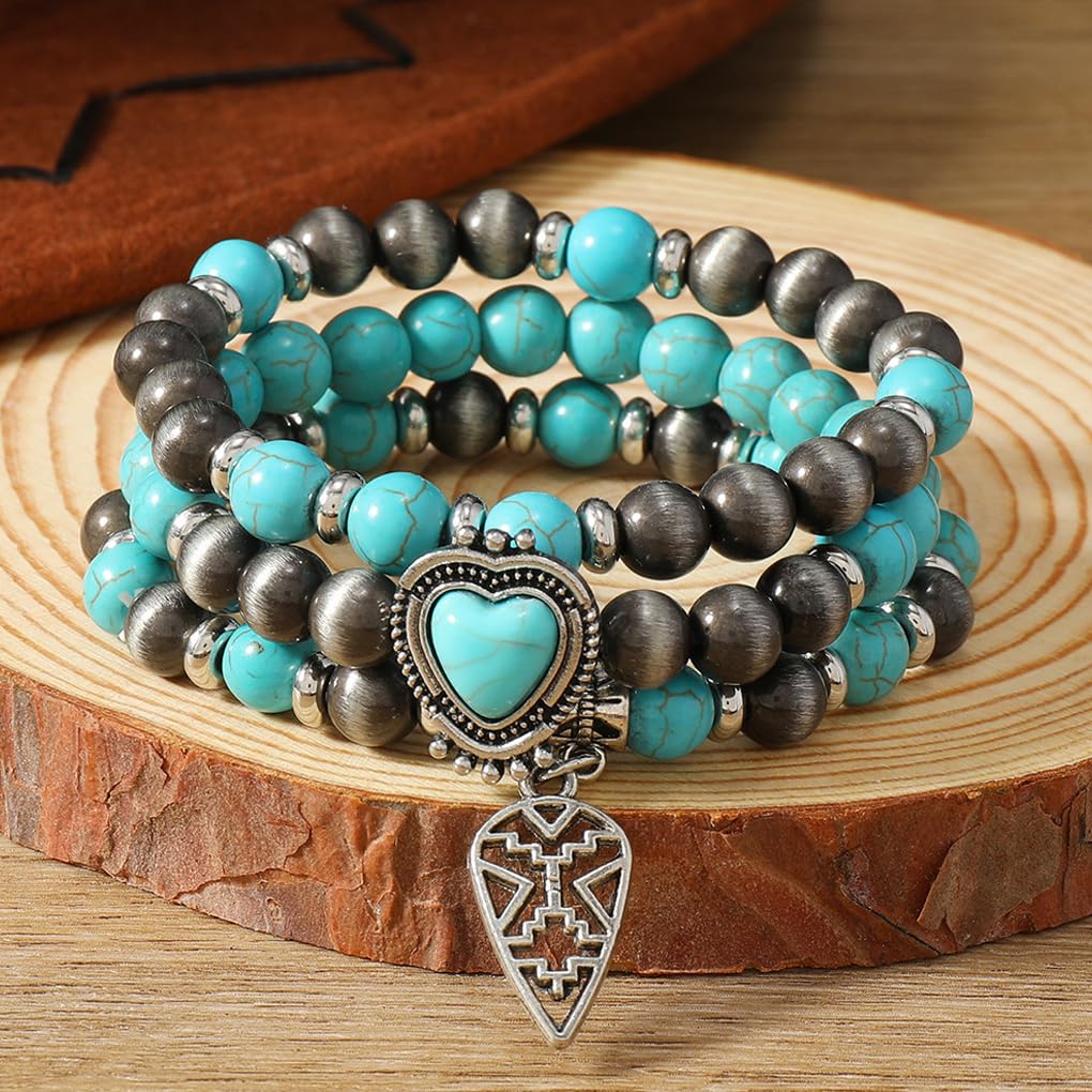 GIGB PBDK Western Cowgirl Turquoise Bracelets for Women Turquoise Beaded Stackable Bracelets Bohemian Heart Feather Bracelet Country Concert Jewelry Accessories (Teal1)