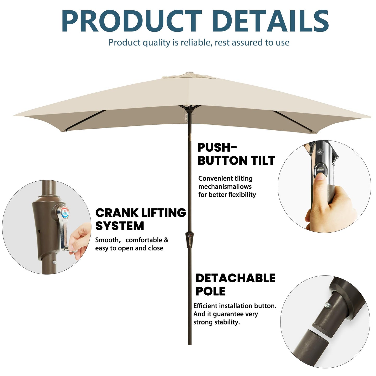GREFORG 6.5x10FT Rectangular Patio Umbrella with Push Button Tilt & Crank Lift for Garden,UV Protection Outdoor Umbrella for Deck,Pool and Yard,Beige
