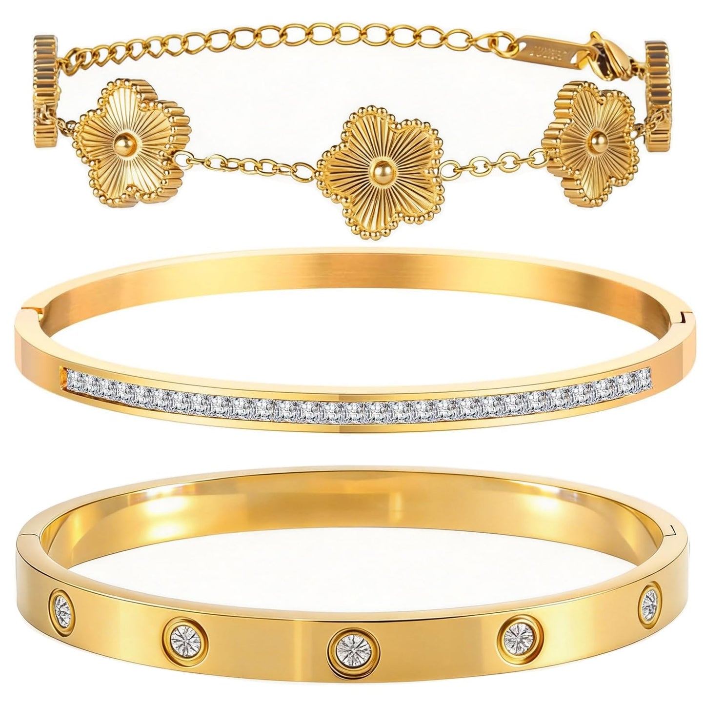 Ciormis 18K Gold Bracelet Stack, 3 Pcs Clover Nail Love Bangle Bracelets Set for Women Trendy Five Leaf Flower Jewelry Non Tarnish Gift Jewelry Braclets for Valentines Birthday Mother's Day Christmas