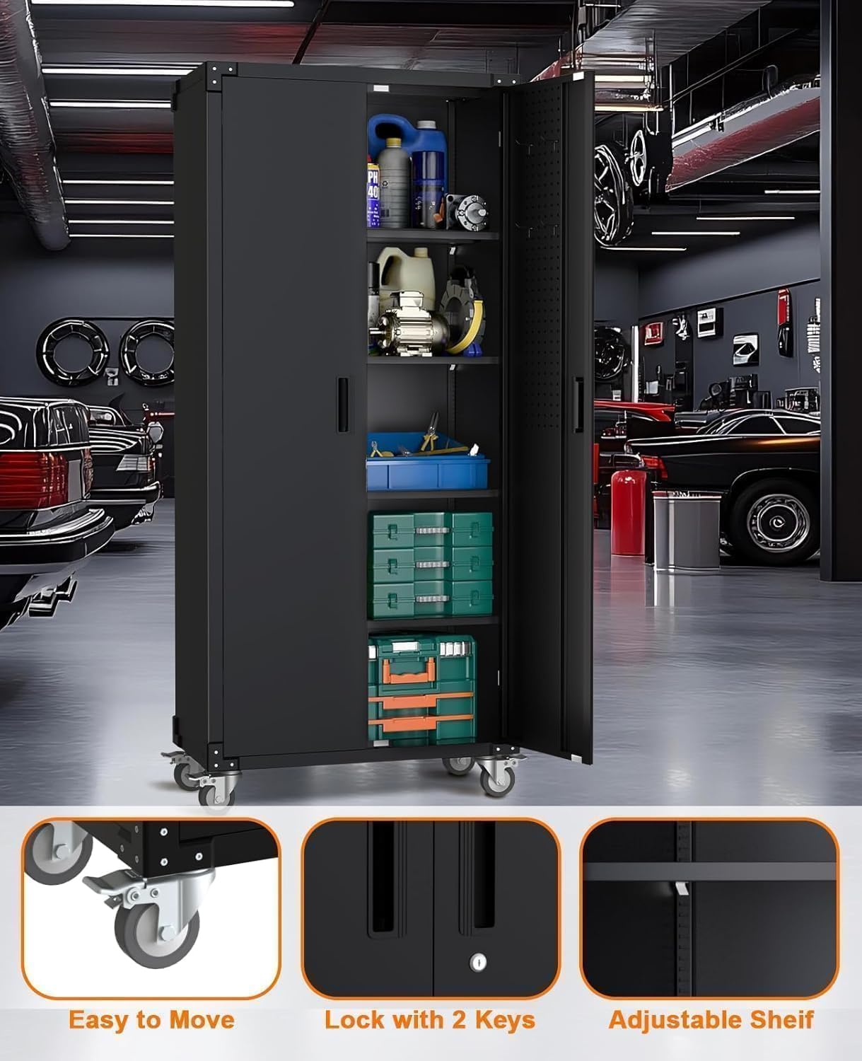 Metal Garage Storage Cabinets - 72"H Tool Cabinet & Office Storage Cabinet With 4 Adjustable Shelves,600 Lbs Capacity & 1.58" Thickened Steel Frame For Workshop,Home,Garage & Office Organization
