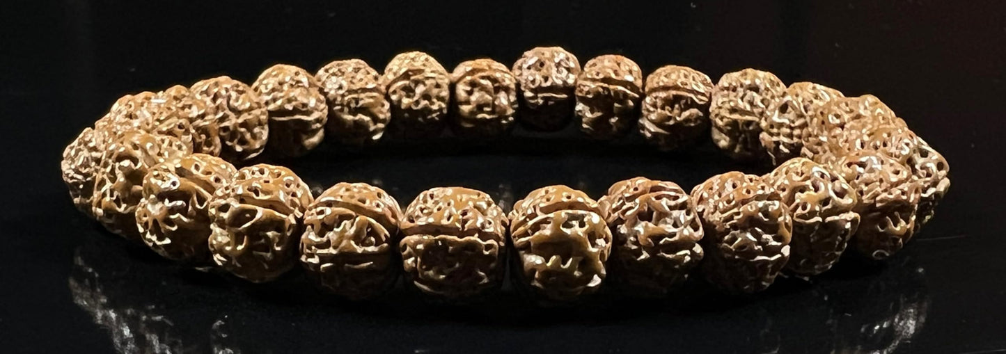 AWAKEN YOUR KUNDALINI 5 Mukhi Chikna Pathri Rudraksha Bracelet - AAA Grade 8mm Rudraksh Beads - Root Chakra Balance & Universal Sun Sign - Cultivate Spiritual Growth - Handmade