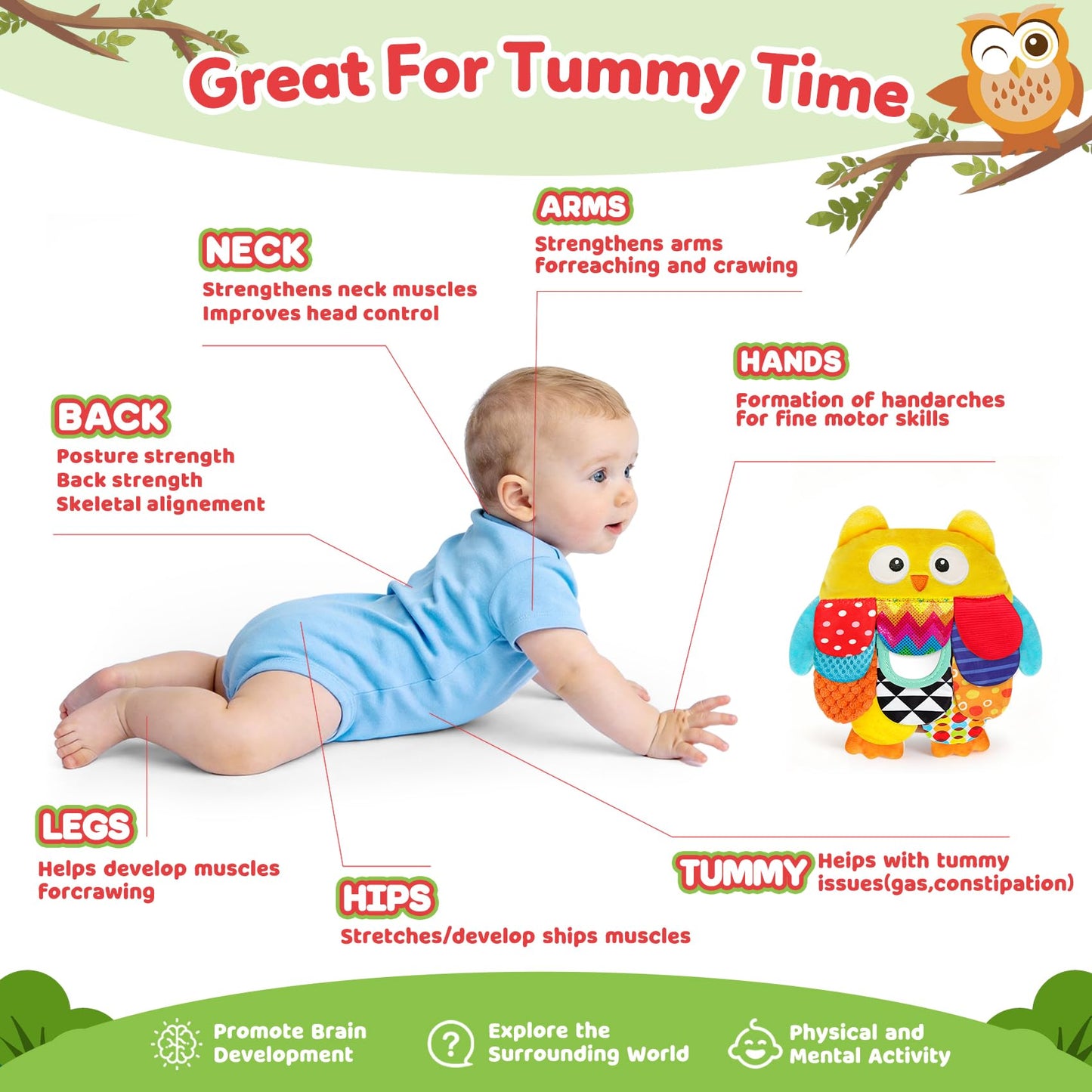 TSYAN Sensory Baby Owl Toy with Mirror, Crinkle & Squeaker–Tummy Time Educational Stuffed Animal for Infants 0-12 Months,Montessori Plush Toy Gifts for Newborns & Toddlers