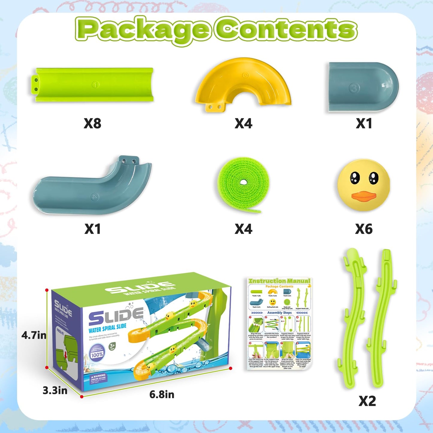 Water Slide Toys for Step2 Rain Showers Water Table Accessories, Quick-Install Summer Outdoor Water Play Table Toys Track Building Set with 6 Duck-Face Rolling Balls for Toddlers Kids Ages 3+
