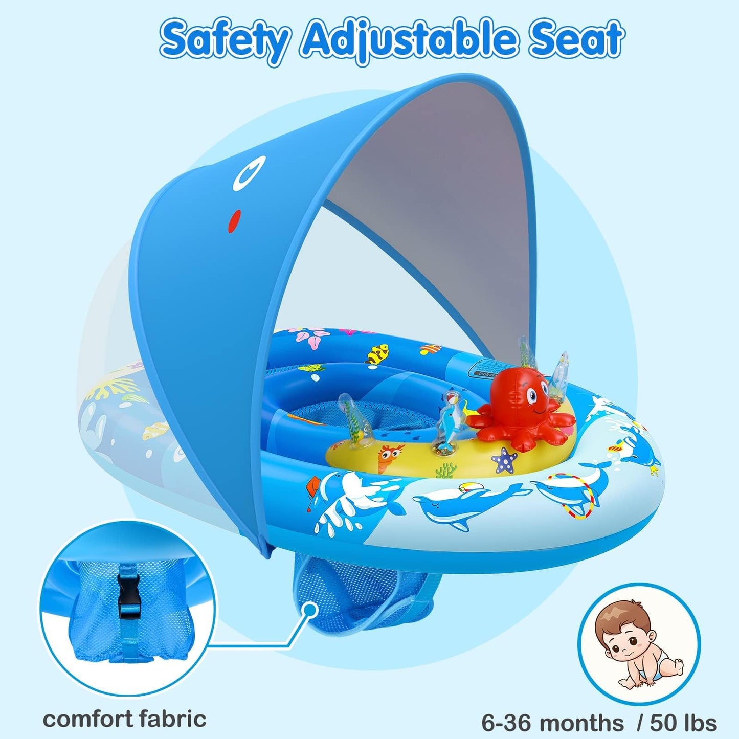 EZIGO Baby Pool Float with Canopy UPF50+ Sun Protection, Inflatable Kids Pool Floats with Ocean Animal Toys for Babies 6-36 Months, Infant Swimming Float with Adjustable Safety Seat for Boys Girls