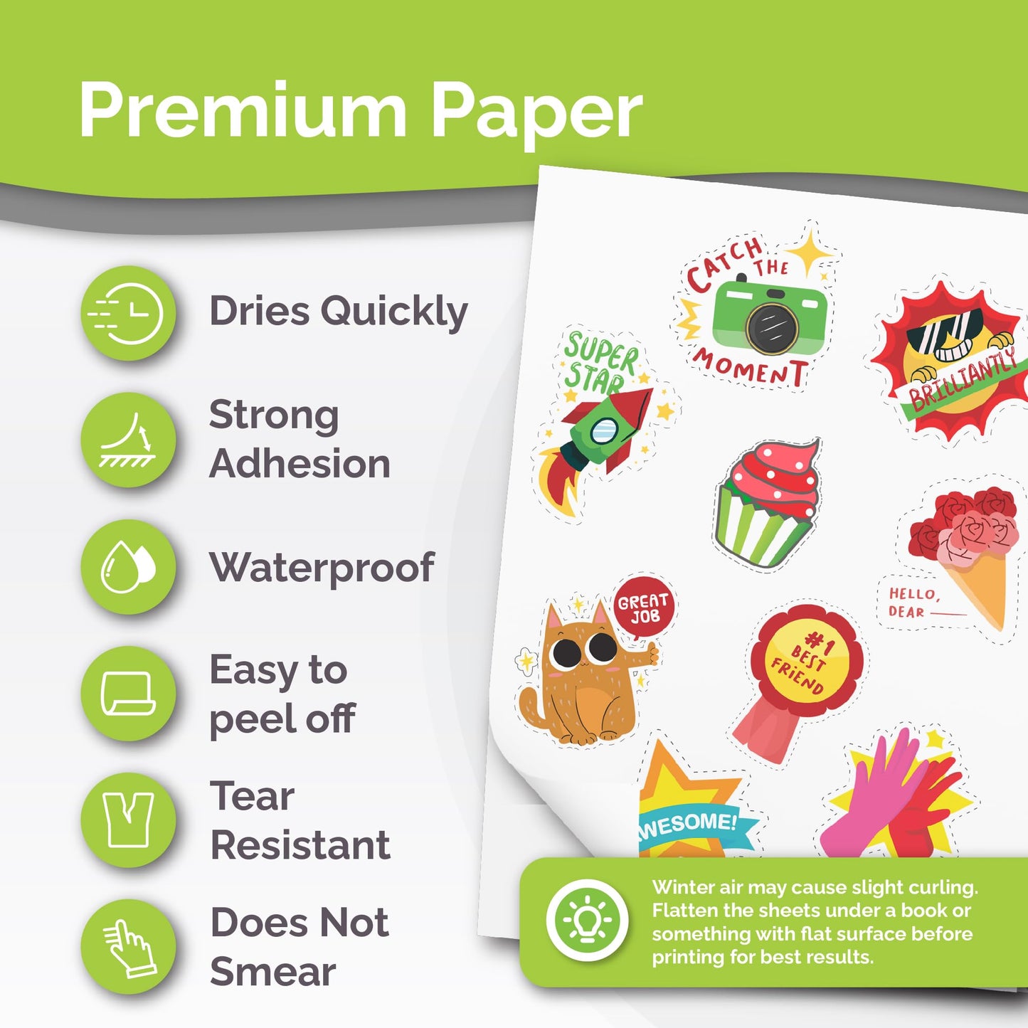 Premium Printable Vinyl Sticker Paper for Inkjet & Laser Printer - 56 Sheets Self-Adhesive Sheets Matte White Waterproof, Dries Quickly Vivid Colors, Holds Ink Well - Tear Resistant