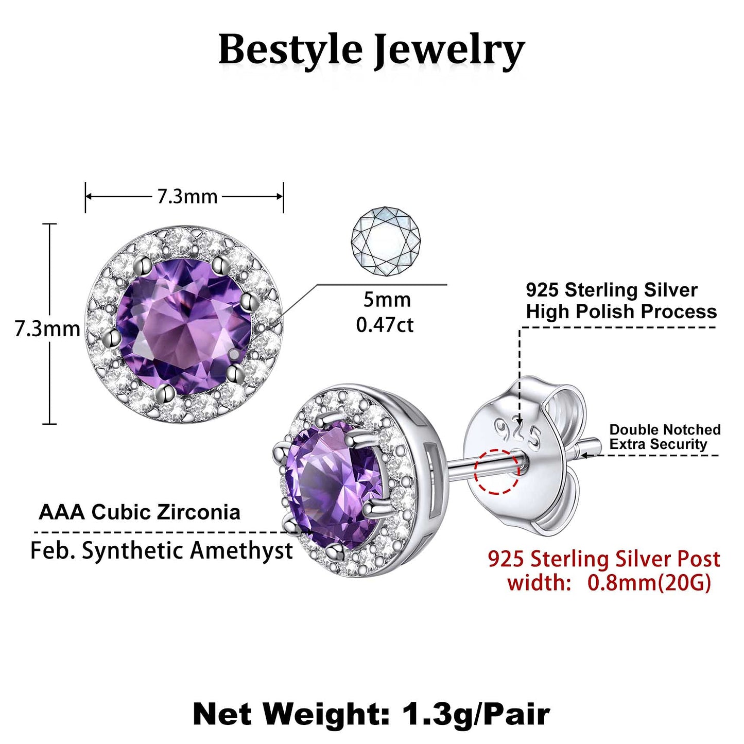 Bestyle 925 Sterling Silver CZ Created Round Diamond Studs | Classic Silver February Amethyst Birthstone Earrings for Women, Great Birthday Gift for Wife/Mom/Grandma