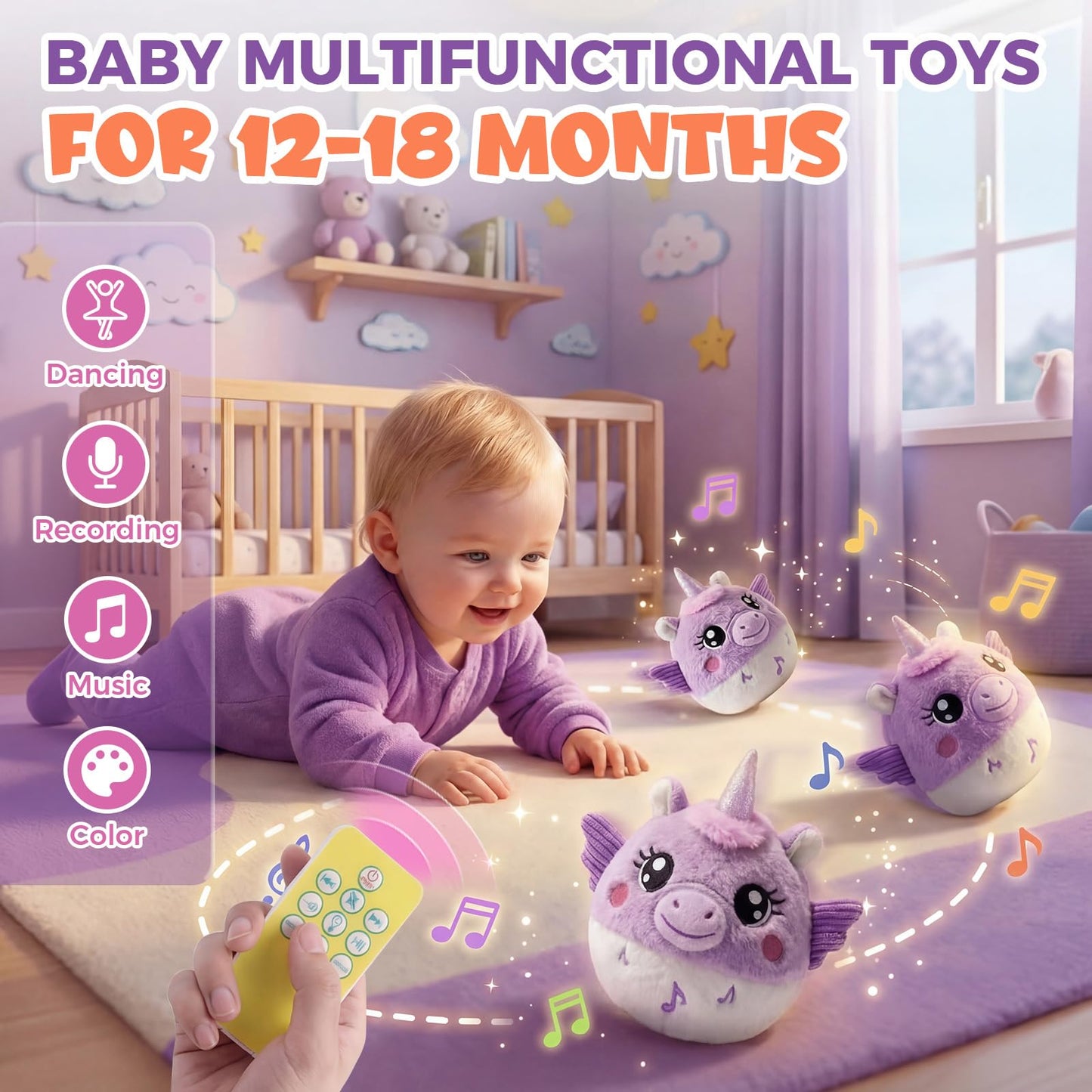 Music Crawling Toy for Baby 6-12 Months, Unicorn Tummy Time Toys & Floor Play Infant Stuffed Animal Toy with Volume Adjustable/Rechargeable/Record, Baby Remote Control Sensory Toy Girl Gift Set