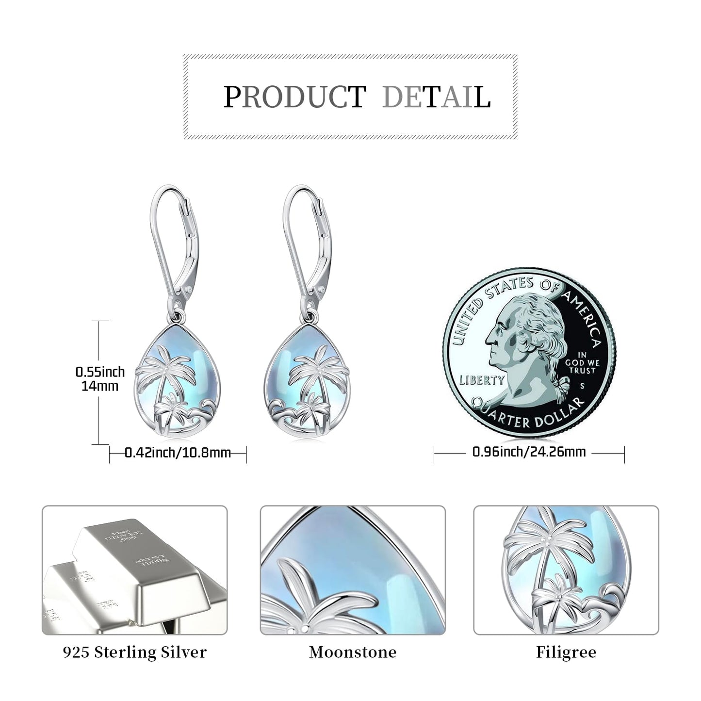 KoyeKei Palm Tree Earrings for Women 925 Sterling Silver Palm Tree Moonstone Dangle Drop Leverback Earrings Hawaiian Beach Jewelry Graduation Birthday Gifts for Lover Her Girlfriend