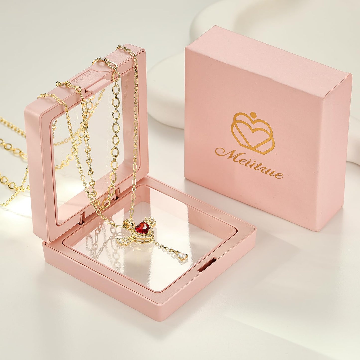 MEIITRUE Heart Necklace for Women Trendy,14k Gold Plated Dainty Layered Necklaces Set Cubic Zirconia Love Drop Pendant with Movable Wings Personalized Choker Chain Jewelry Gift White