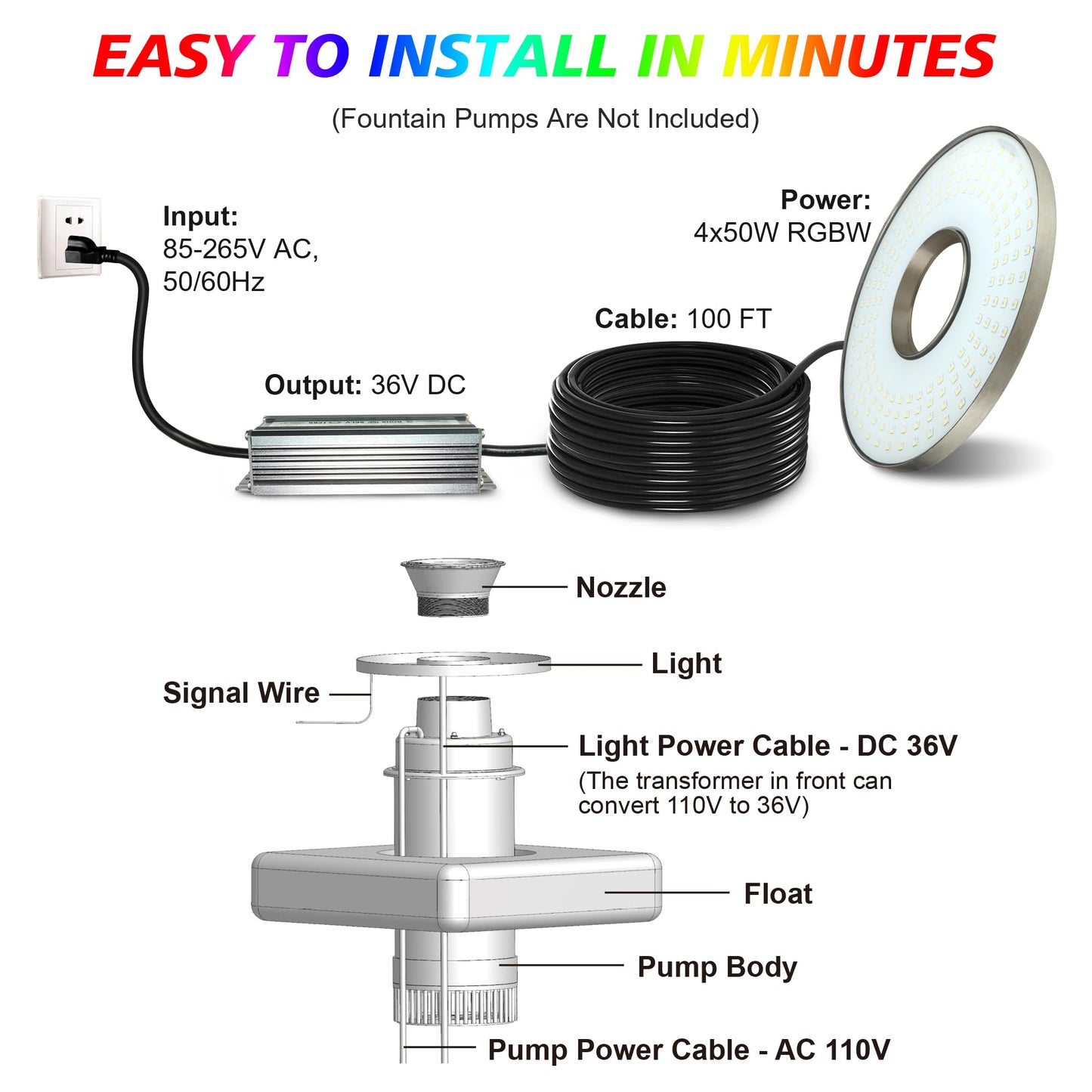 Goldlife Pond Fountain Aerator Lights, 200W RGBW 20000LM 160LED Fountain Light With 100FT Power Cord, IP68 Waterproof Stainless Steel Wireless Sync Control Floating Fountains Pump Light for Lake Ponds
