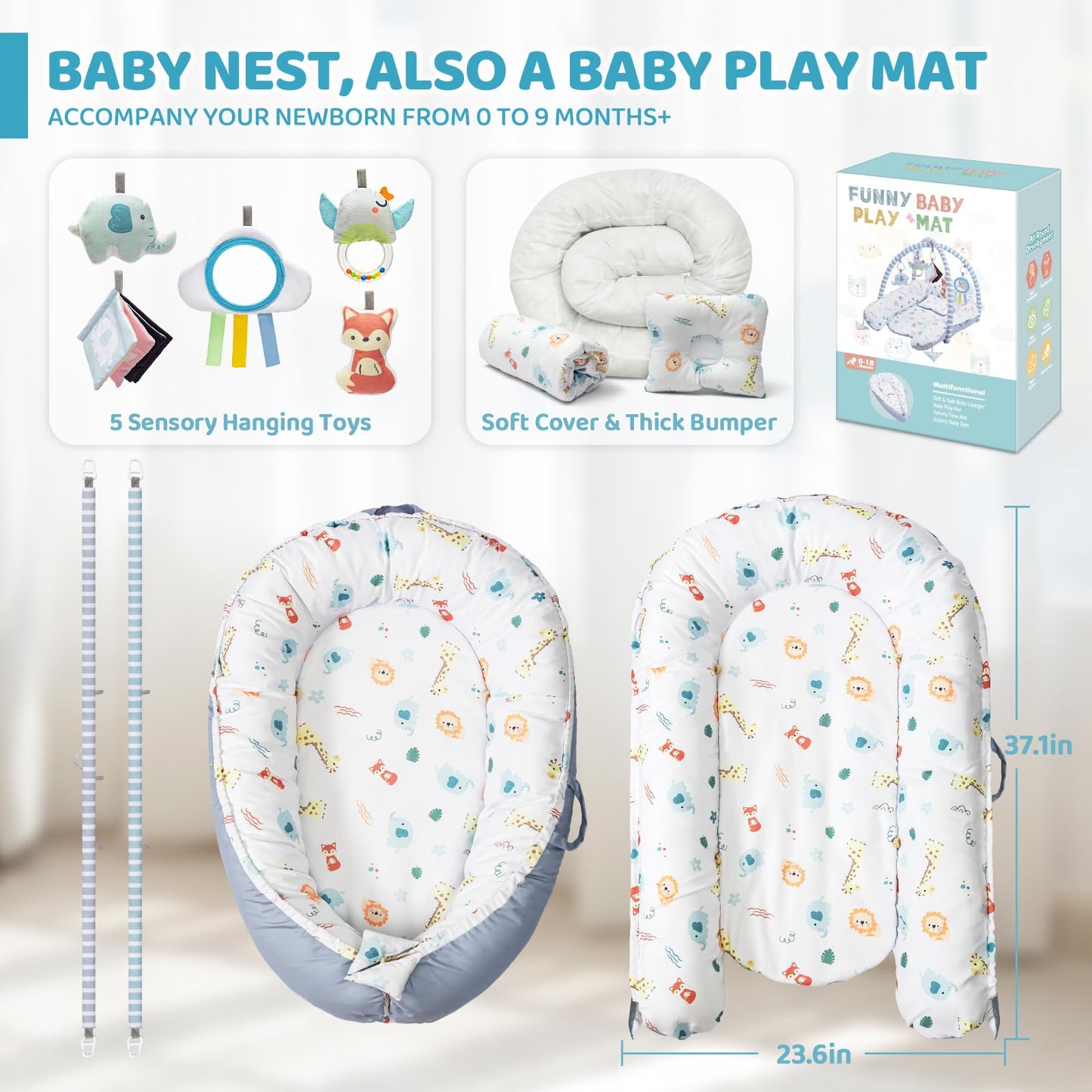 Baby Play Mat, 7-in-1 Infant Gym Mat for Sensory and Motor Development, Washable & Portable Newborn Tummy Time Activity Mat for Home & Travel, Babies Gift for 0-3-6-9-12-18 Months