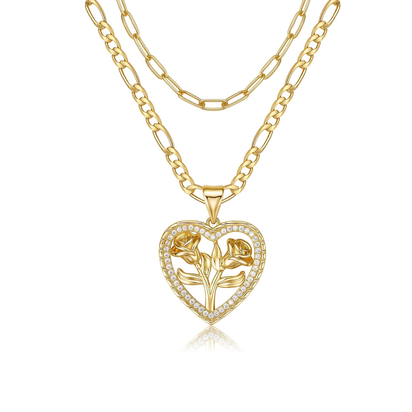 MEIITRUE Heart Necklaces for Women Trendy 14k Gold Plated Dainty Layered Necklace Set Cubic Zirconia Rose Heart Pendant Choker Paperclip Chain Stackable Jewelry Gifts for Her