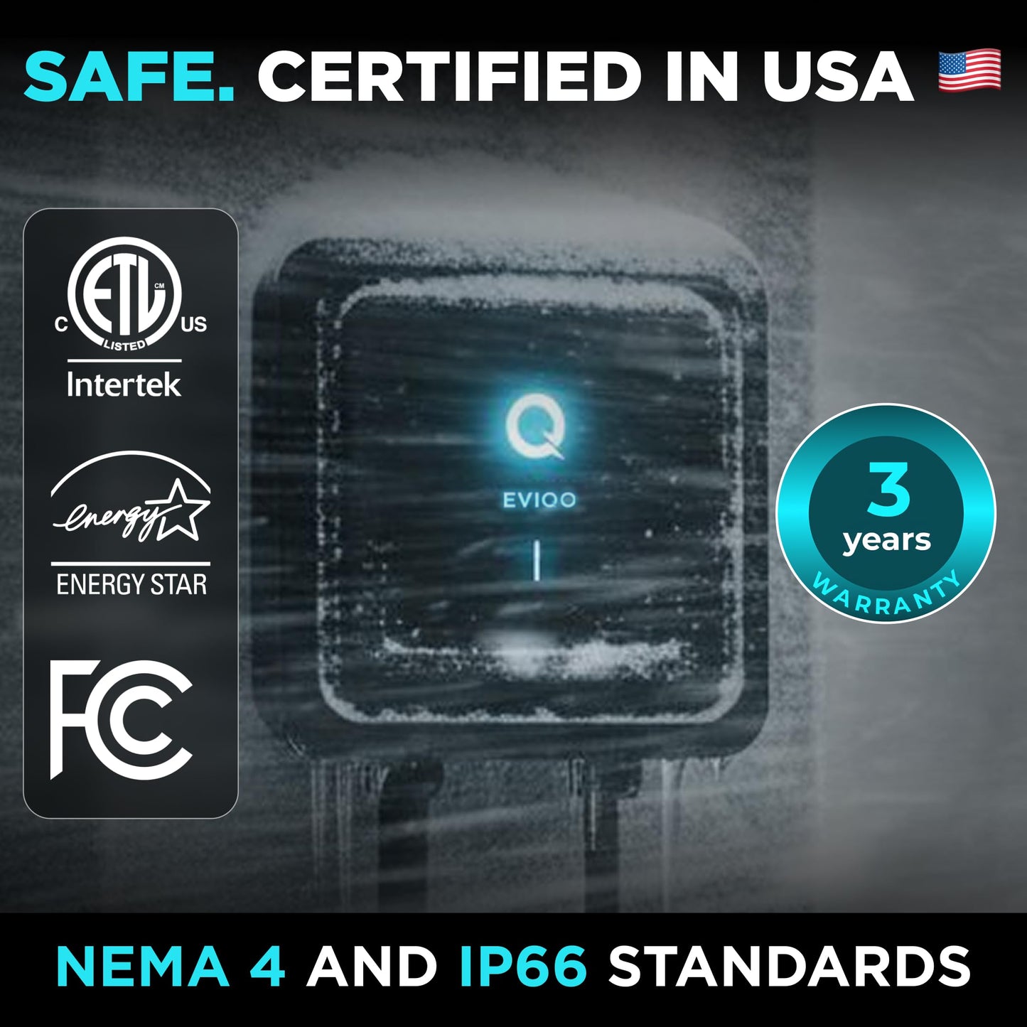 EVIQO Level 2 EV Charger, 40 Amp, J1772 for Non-Tesla EVs, 25ft Cable, WiFi (2.4GHz) Smart App, Weatherproof Indoor/Outdoor (IP66, NEMA 4), UL & ETL Certified, NEMA 14-50 Plug-in 240V, 9.6kW