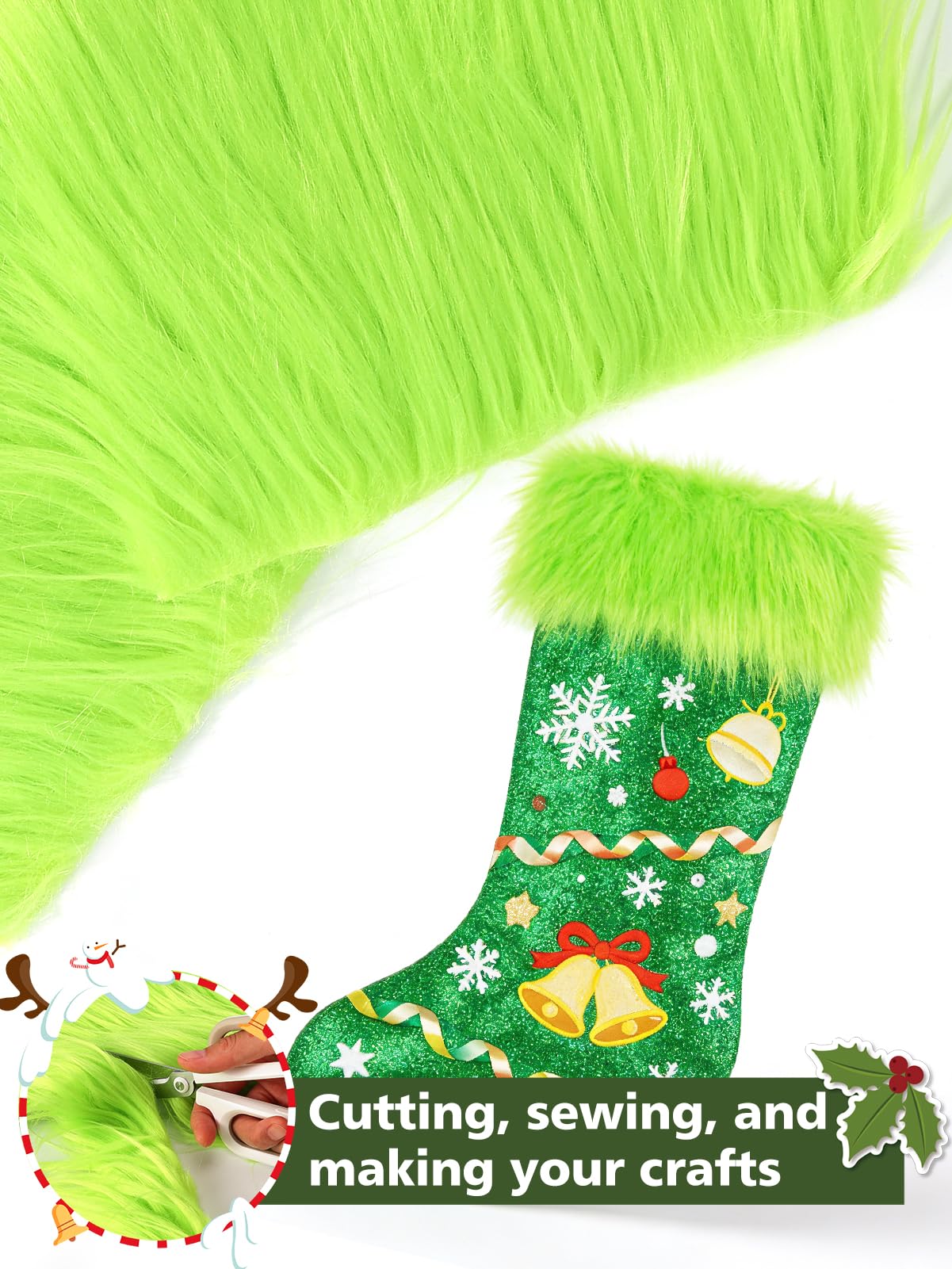 6 Pcs Green Faux Fur Fabric- 10"×10" Shaggy Fur Square Patches, Fluffy Warm Plush Fur Cuts for DIY Crafts Sewing Costume Rugs Pillows Cushion Pad Chair Cover Christmas Gnomes Decors