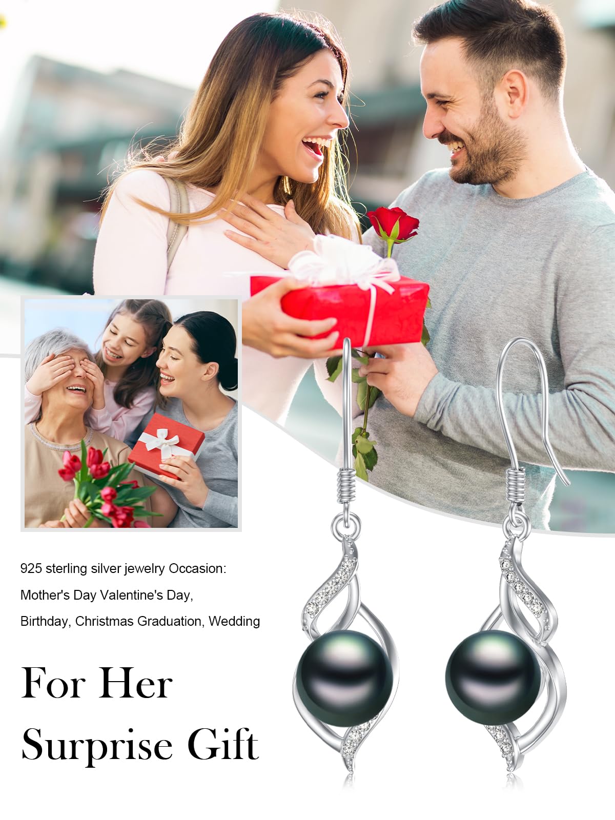 KANNSOAR 7MM Tahitian Black Pearl Dangle Drop Earrings, 18K White Gold Plated Sterling Silver Everyday Earrings for Women Wife Girlfriend Hypoallergenic Jewelry Gift for Anniversary Birthday Christmas