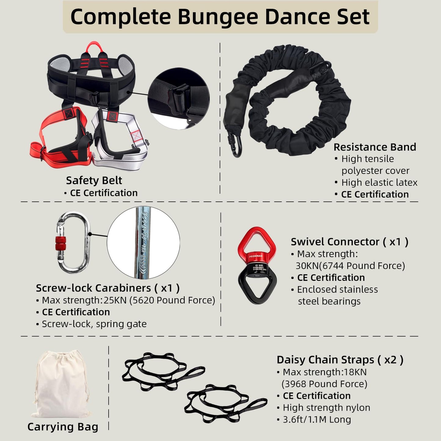 PRIORMAN Professional Bungee Dance Fitness Kit, 6 Sizes, CE Certified Complete Harness Set with Resistance Band & Hanging Hardware for Suspension Training Home & Studio(XL)