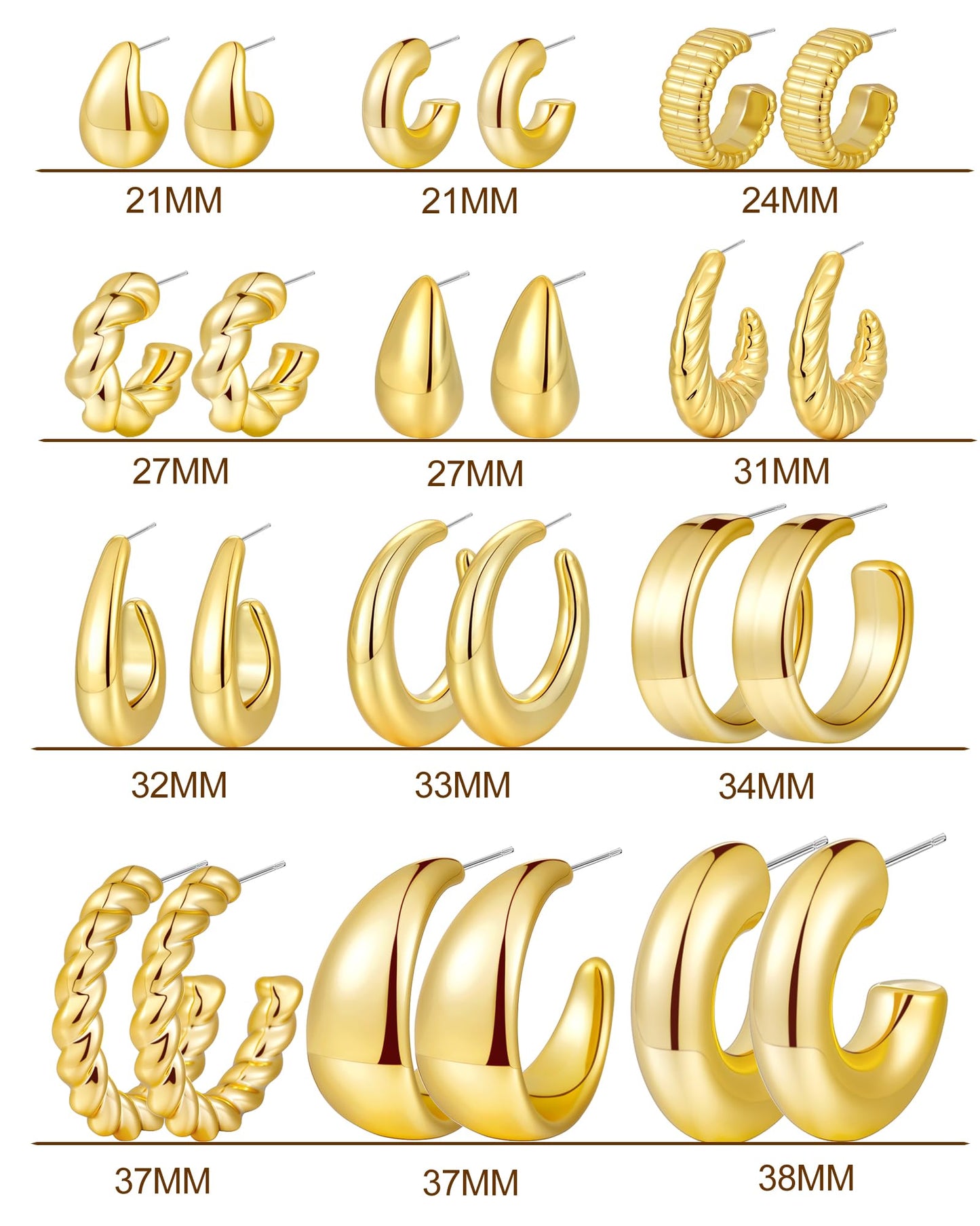 Gold Hoop Earrings Set for Women, 18 Pairs Hypoallergenic Statement Open Pearl Hoops Earring for Multipack, Gold Chunky Hoop Earrings for Women Trendy Jewelry (Yellow Gold)