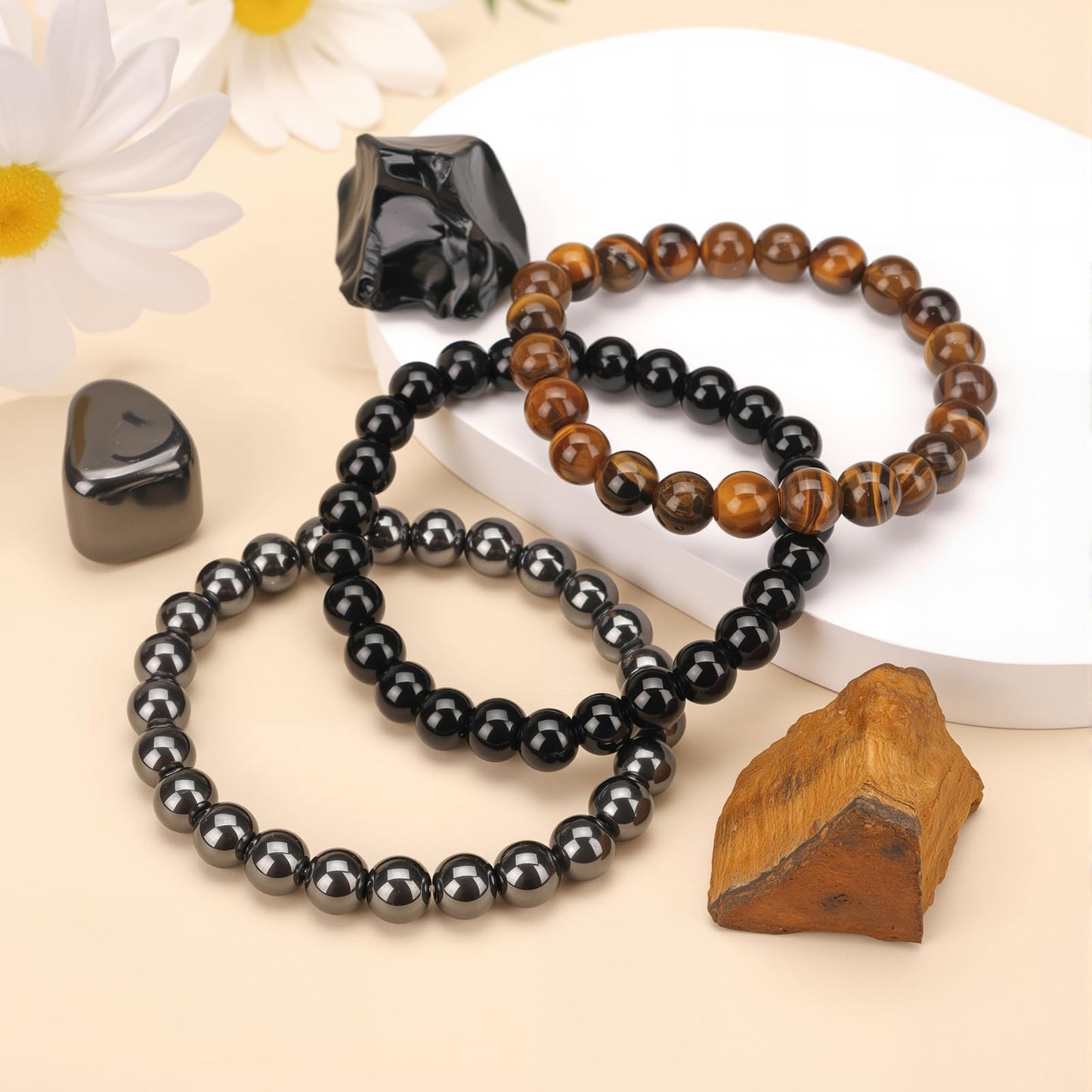 Pendlixy 3PCS Healing Crystal Bracelets for Women & Men, 8mm Tiger Eye Hematite Obsidian - Natural Stone Beaded Stretch, Spiritual Jewelry Gift Set for Reiki Protection