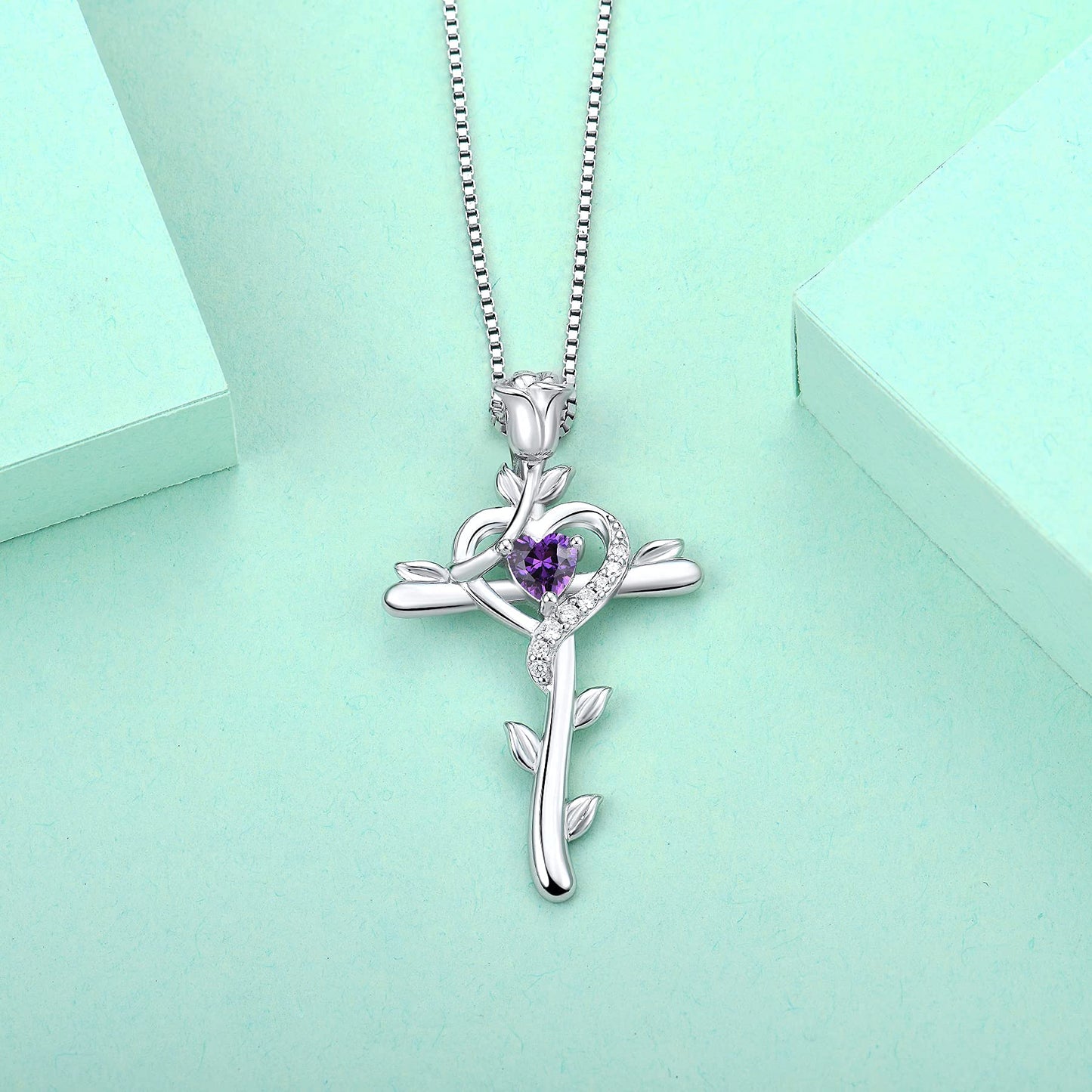 STARCHENIE Rose Cross Necklace 925 Sterling Silver Heart Crucifix Pendant Created Amethyst Jewelry for Women