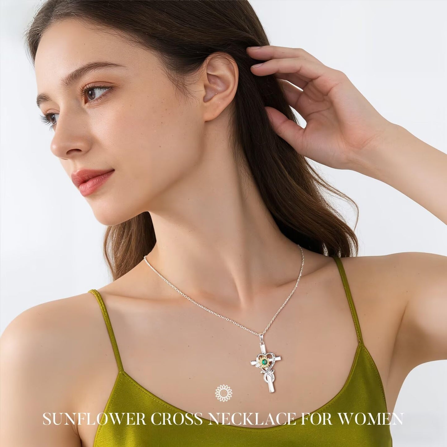 Iefil Cross Necklace for Women - Simulated Aquamarine Jewelry, March Birthstone Necklace | Anniversary Birthday Gifts, Sunflower Gifts for Wife Women Mom