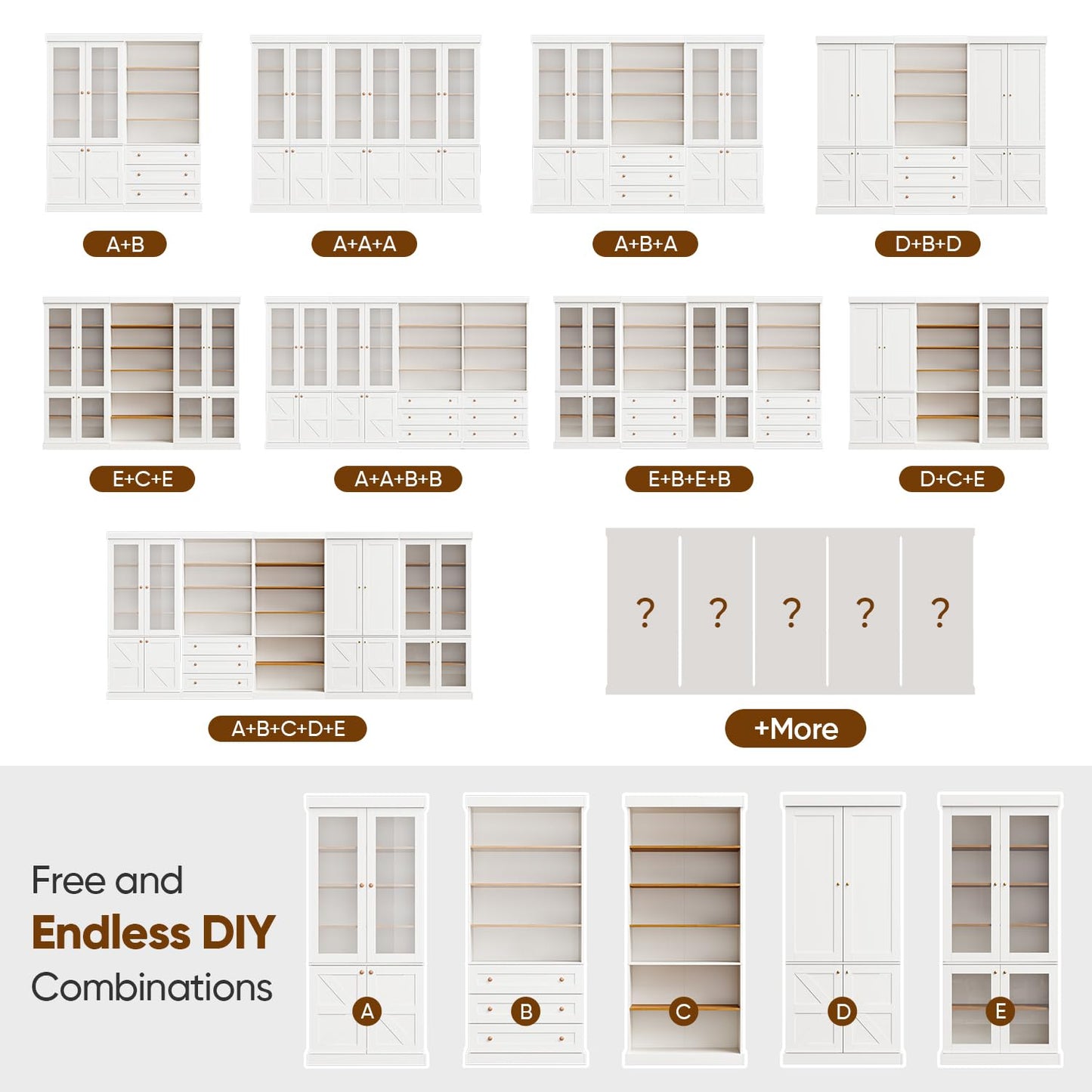Vyre 70.8" Bookshelf with Glass Doors, Farmhouse Modular Bookcase with 6-Tier Adjustable Shelves, Large Storage Cabinet for Living Room & Home Office, Set of 2, White