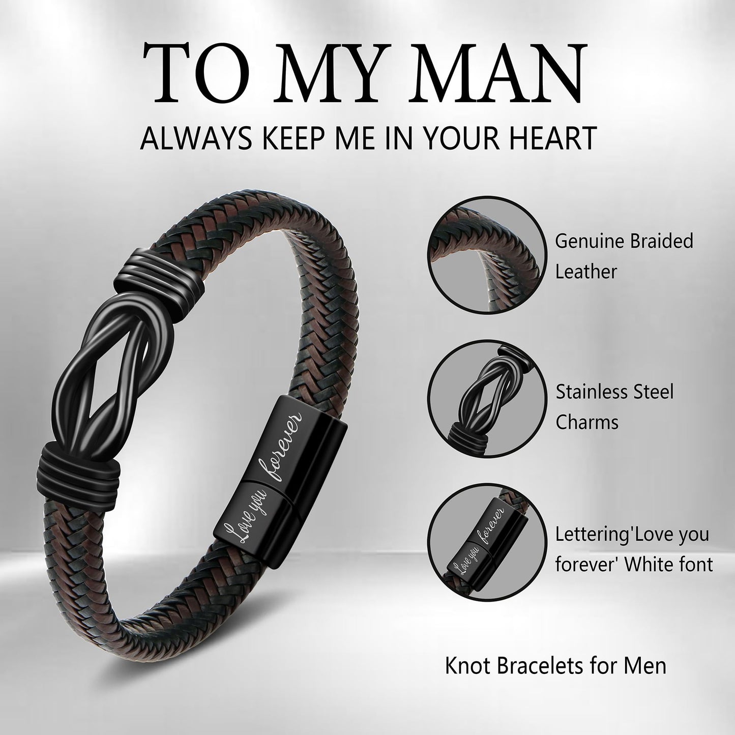 JoycuFF Anniversary Birthday Gifts Bracelets for Men Him Husband Boyfriend from Wife Girlfriend, Husband Boyfriend Unique Gifts Ideas, Christmas Fathers Valentines Day Mens Leather Knot Bracelet