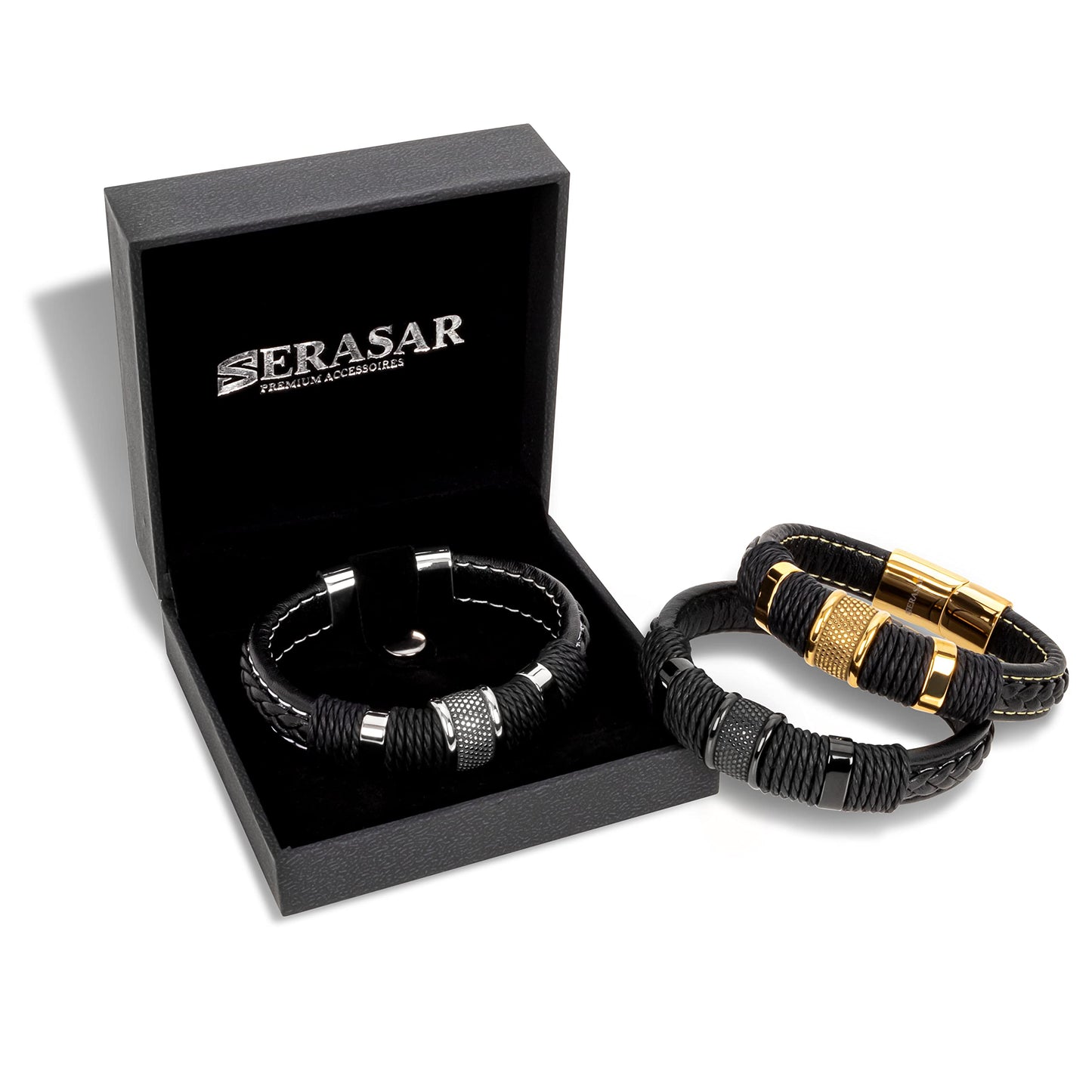 SERASAR Mens Silver Bracelets 23cm Bracelet Men Gift Box Genuine Leather Cowhide Braided Magnetic Clasp Multi Layer Wrap Rope Man Mans Male Band Jewelry Magnet Accessories