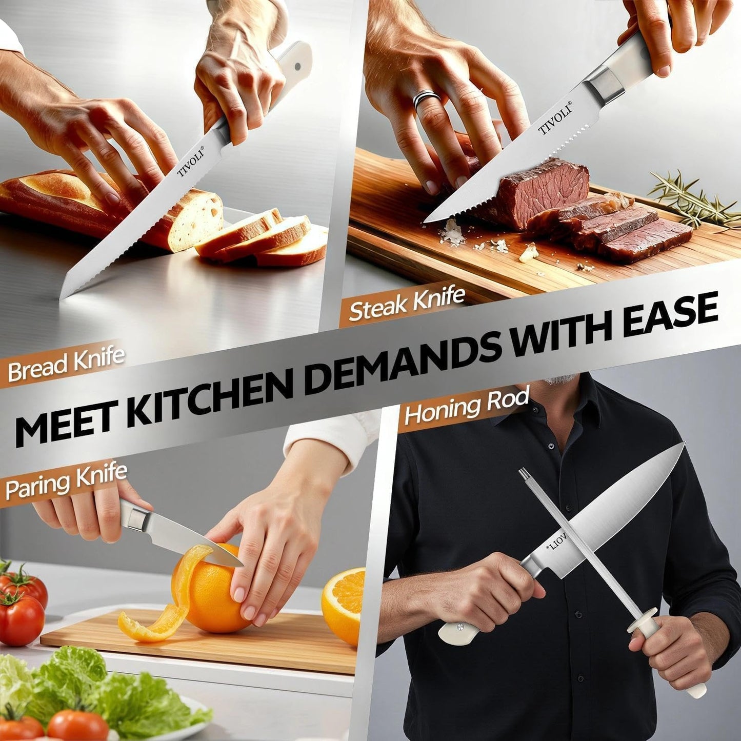 TIVOLI 15 Pieces Knife Set with Block, Forged, High Carbon Stainless Steel Sharp Blade Kitchen Knife Block Set with Ergonomic Wood Handle, Dishwasher Safe Cutlery, Gifts For Cooks, Cream White