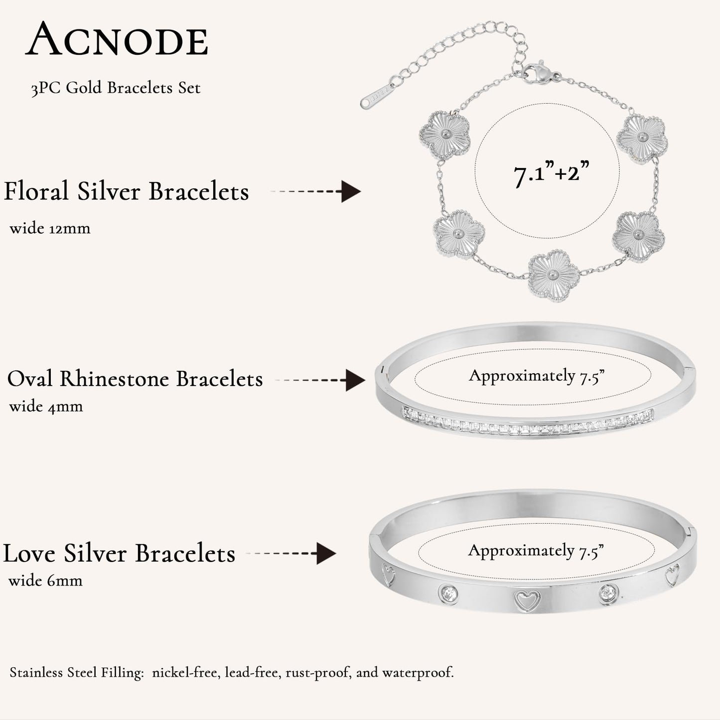 Acnode Gold Clover Bracelets for Women - Stackable Stainless Steel Nail Bracelet, Friendship & Love Bangle - Trendy Jewelry Set, Ideal Birthday Gift (Silver 3PCS)
