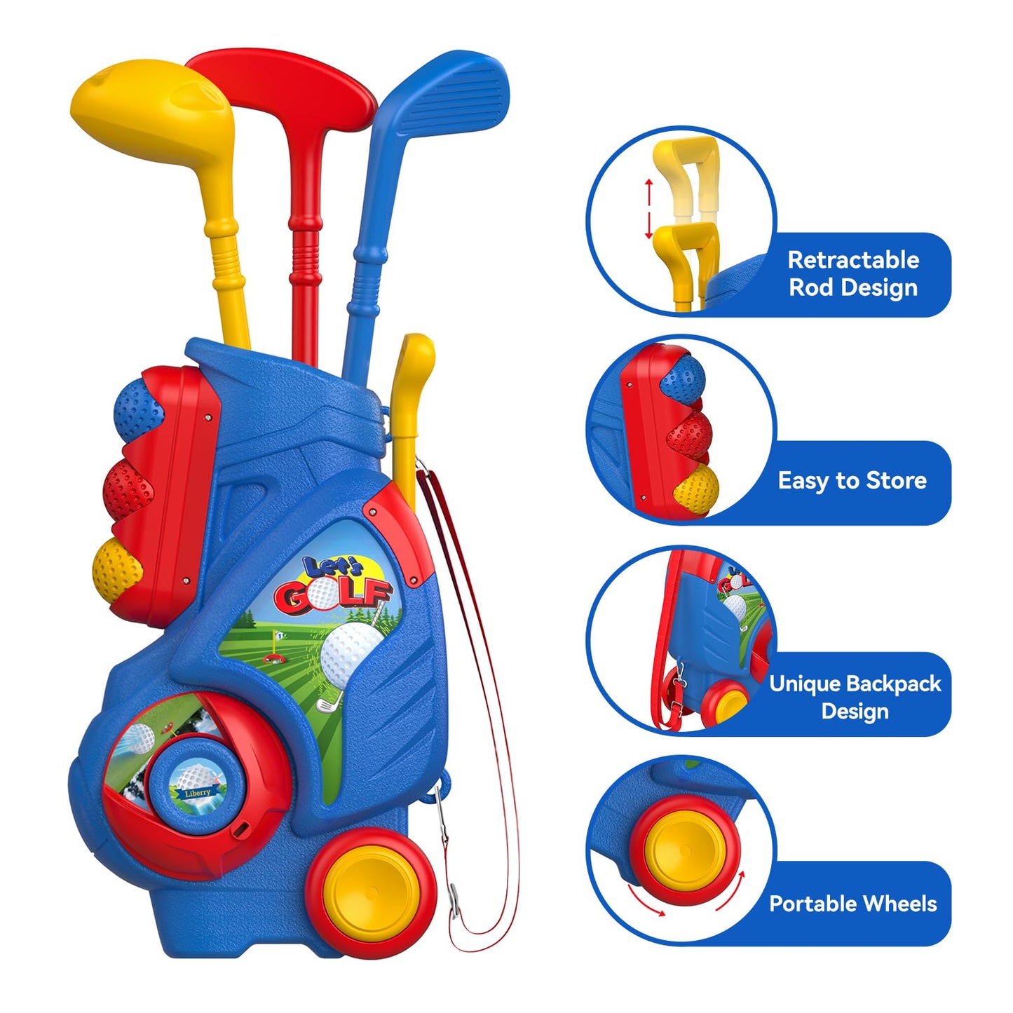 Liberry Toddler Golf Set for 2 3 4 5 Years Old Boys Girls, Upgraded Kids Golf Cart with Golf Cornhole Board & Putting Mat, Indoor and Outdoor Golf Toys Birthday Gifts